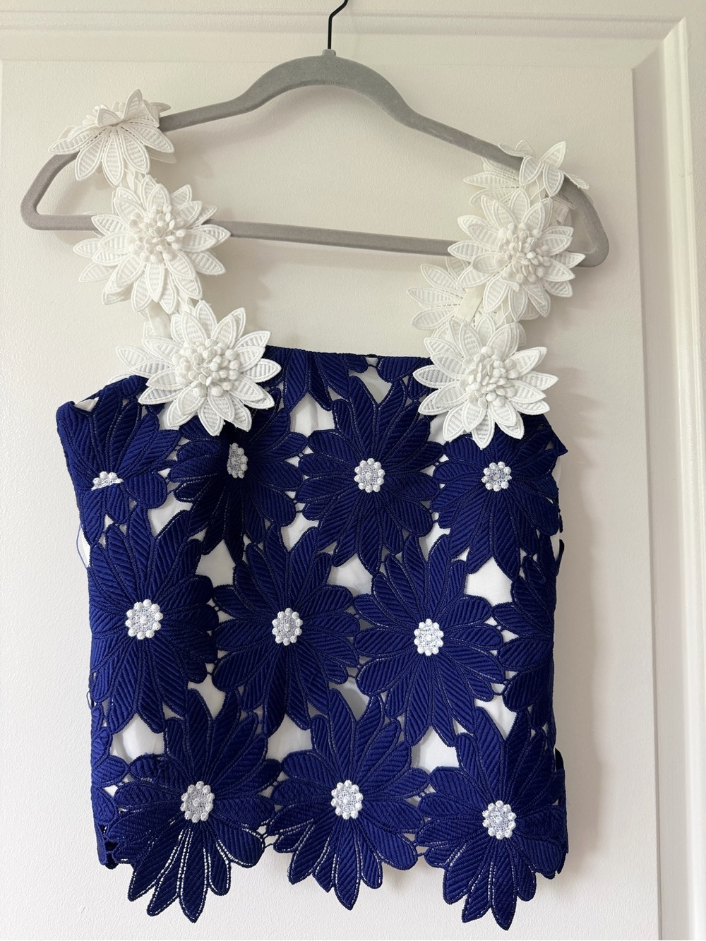 Anthropology Navy Floral Crochet Crop Top with White 3D Flower Straps